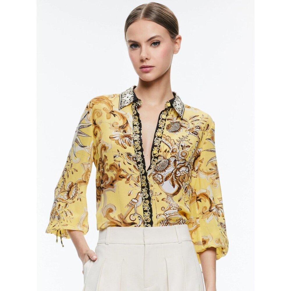 Alice + Olivia Willa Silk Blouson Tie Sleeve Top Small in Lisboa Lemon NWT $375